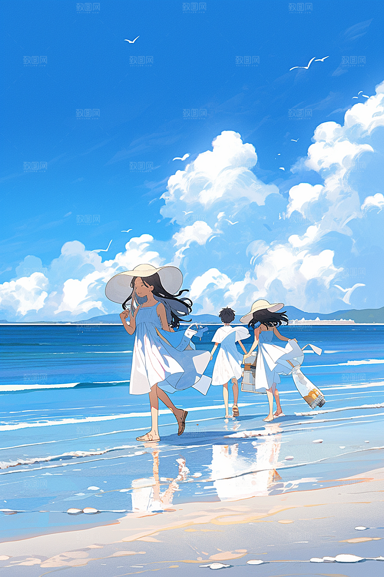 学生放暑假旅游结伴插画