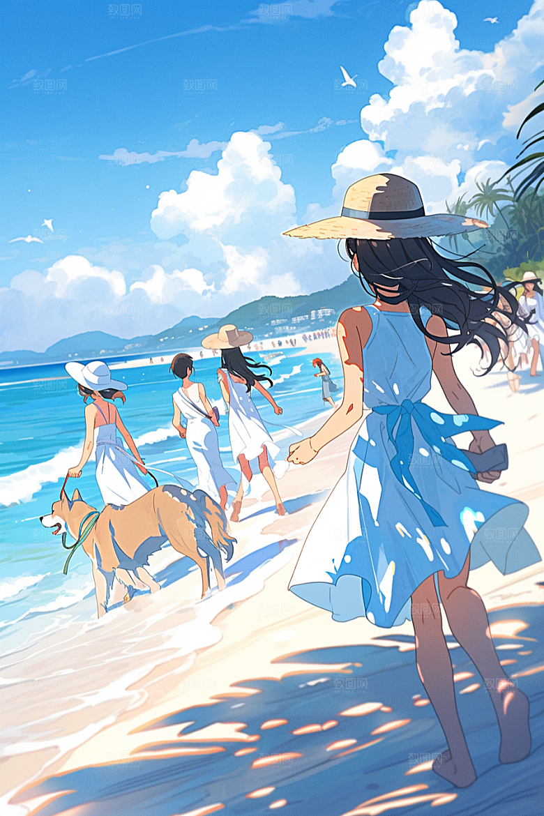 学生放暑假旅游出游插画