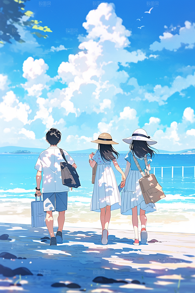 学生放暑假旅游漫画风插画