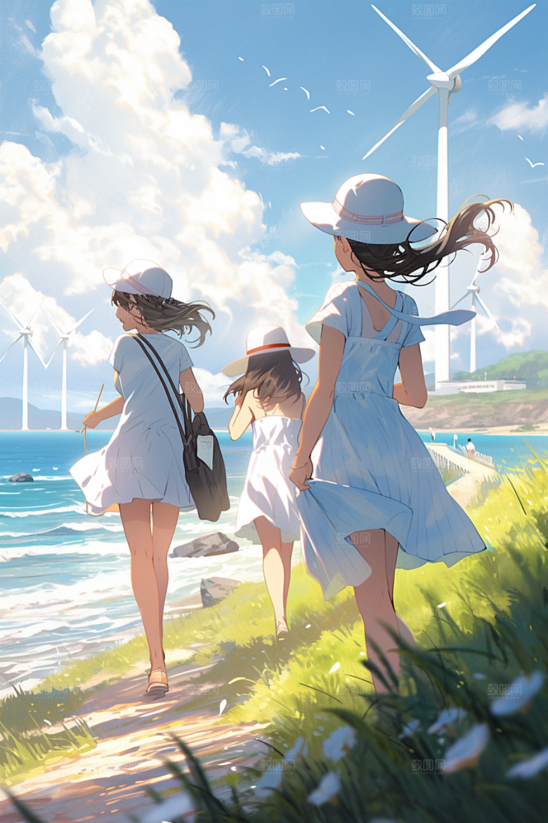 学生放暑假结业旅游插画