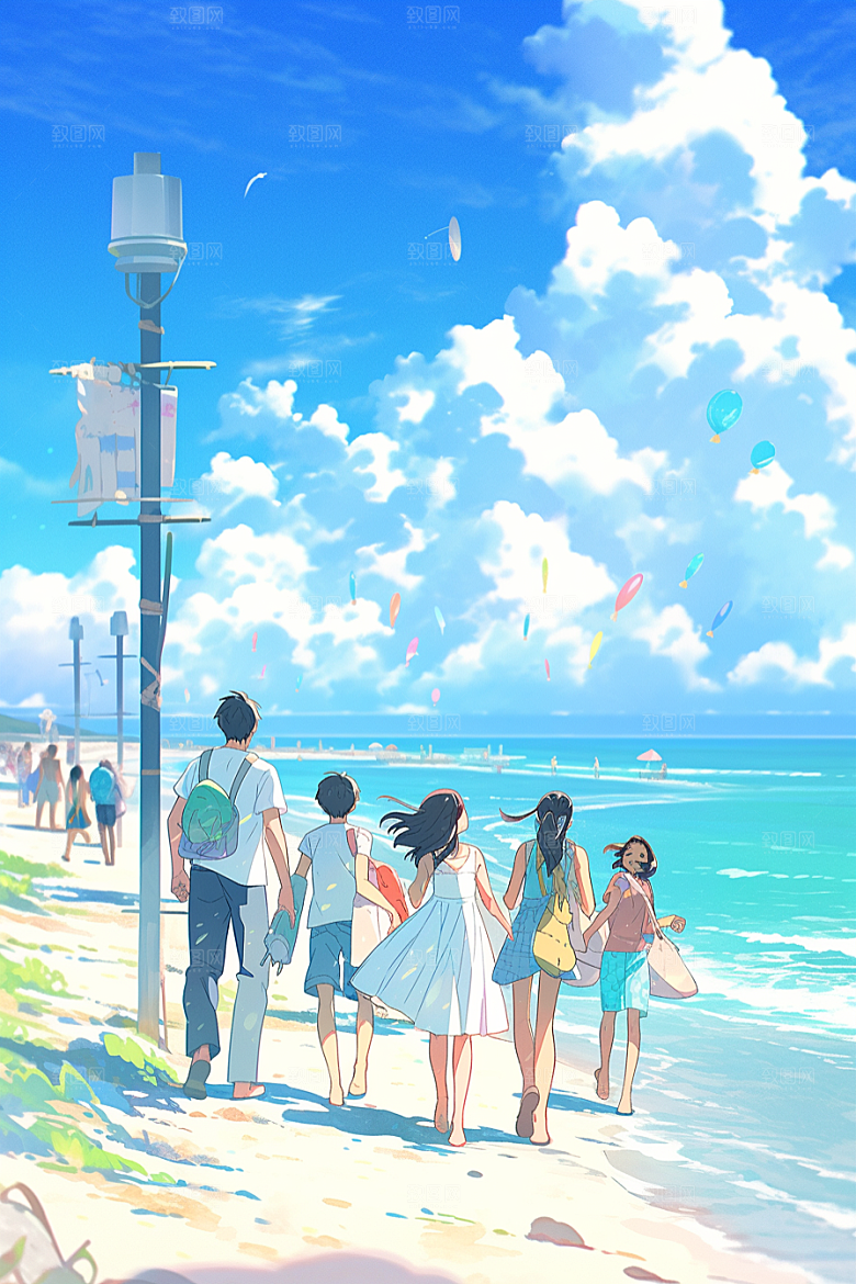 学生放暑假旅游出游插画