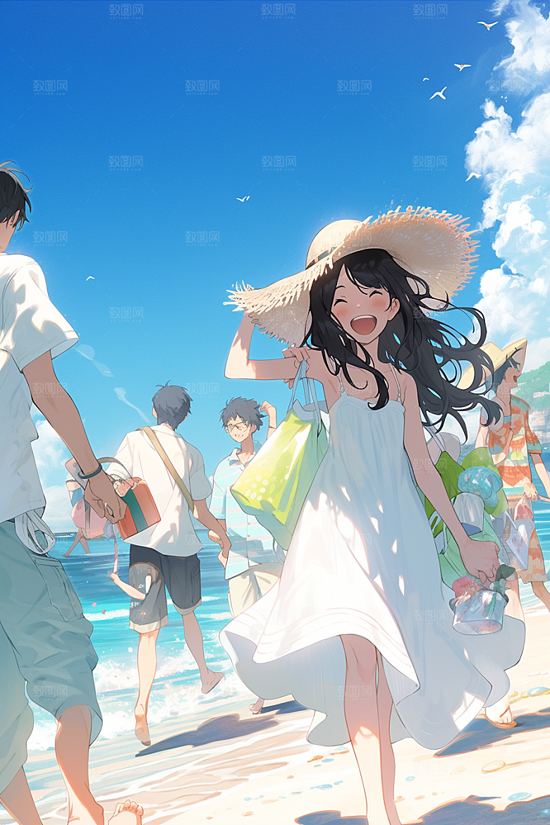 学生放暑假漫画风夏天插画
