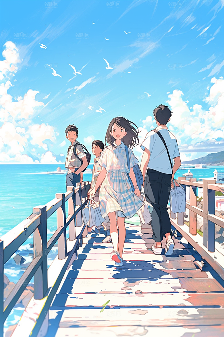 学生放暑假夏天结业插画