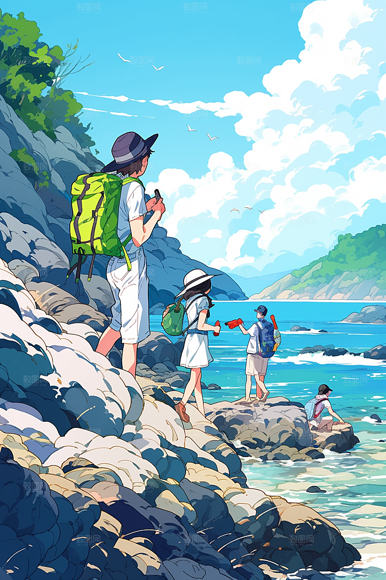 学生放暑假快乐旅游插画