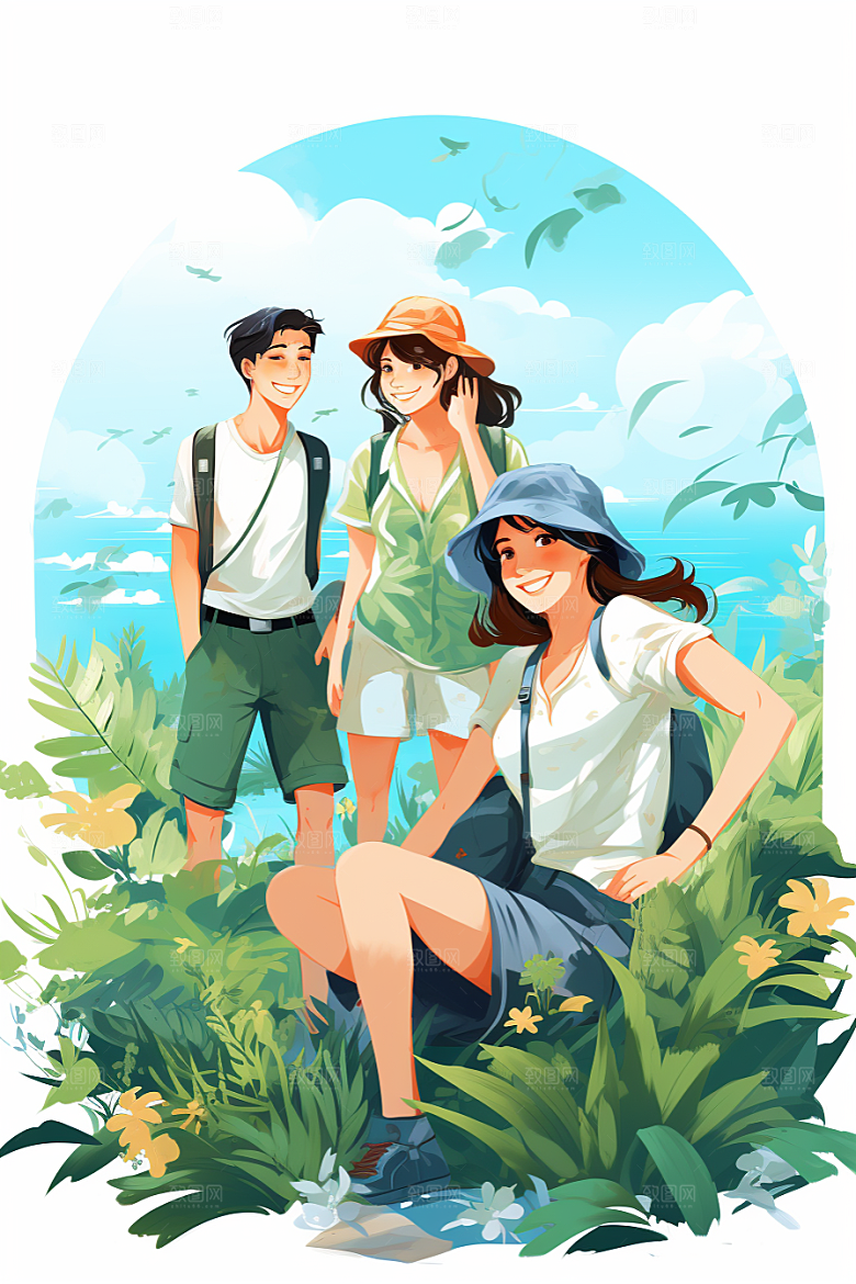 学生放暑假结业旅游插画