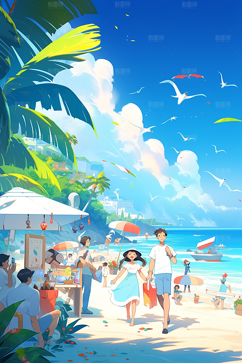 学生放暑假夏季放假了插画