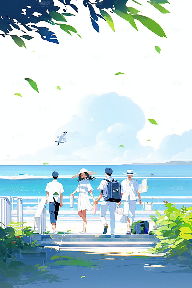 学生放暑假放假了结伴插画