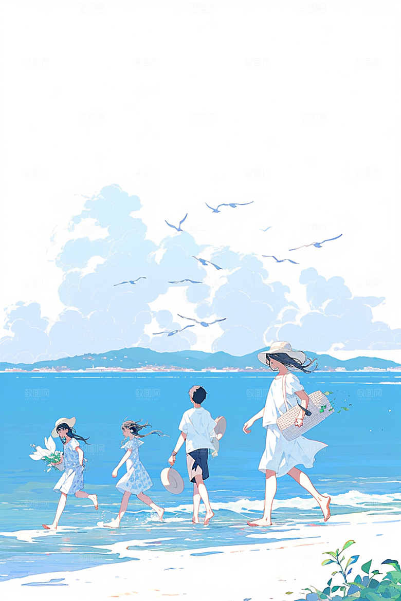 学生放暑假出游夏季插画