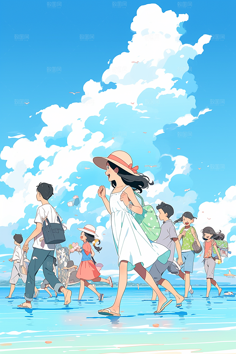 学生放暑假旅游结伴插画