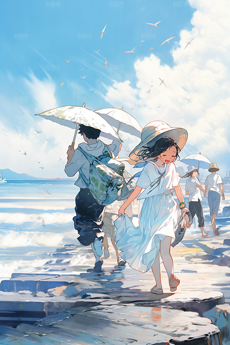 学生放暑假夏季出游插画