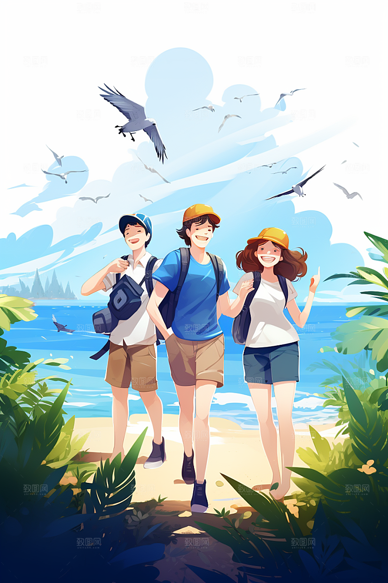 学生放暑假手绘毕业旅游插画