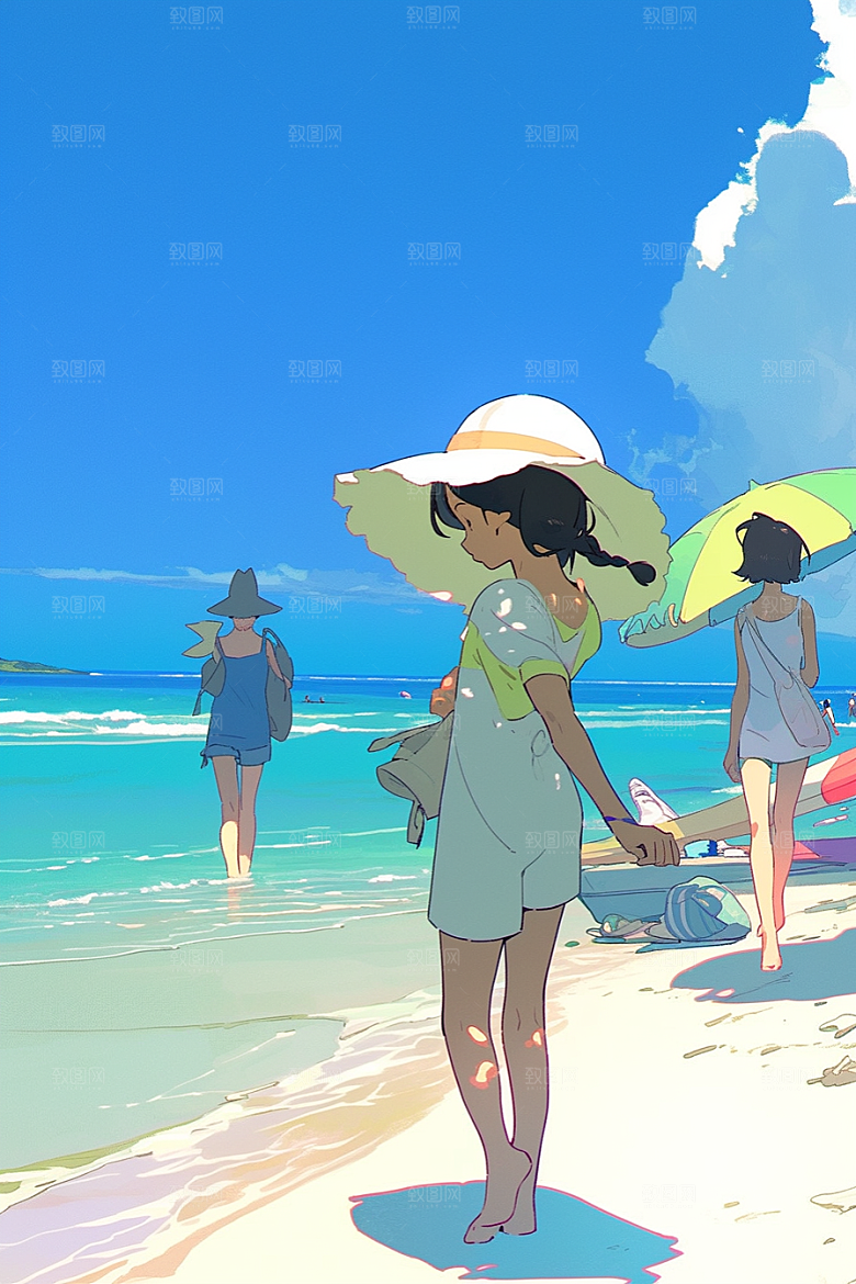 学生放暑假漫画风毕业旅游插画
