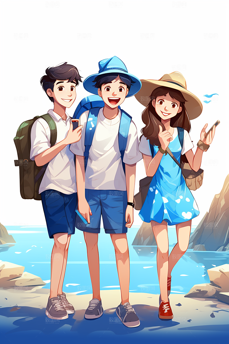 学生放暑假毕业旅游夏天插画