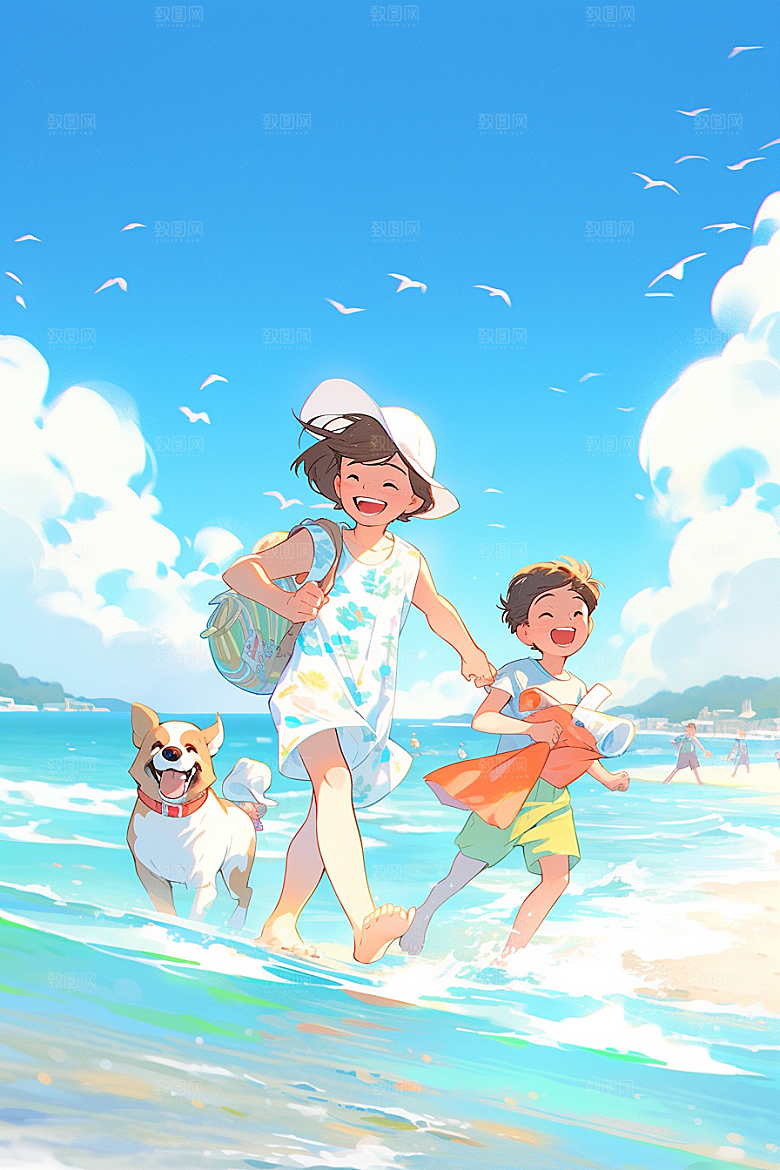 学生放暑假夏天毕业旅游插画