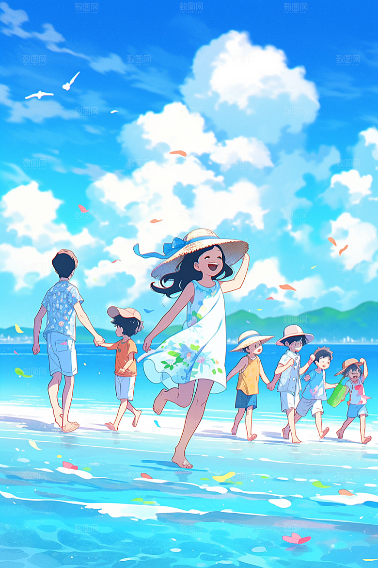 学生放暑假旅游夏天插画