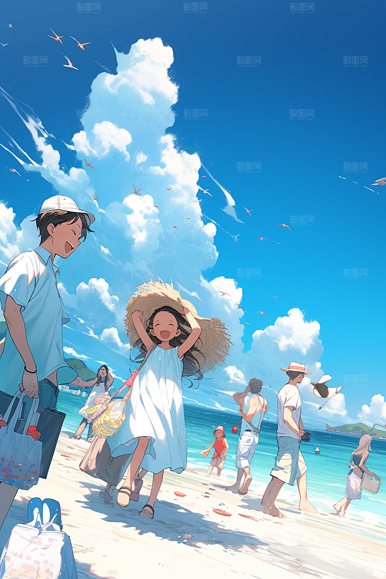 学生放暑假出游快乐插画