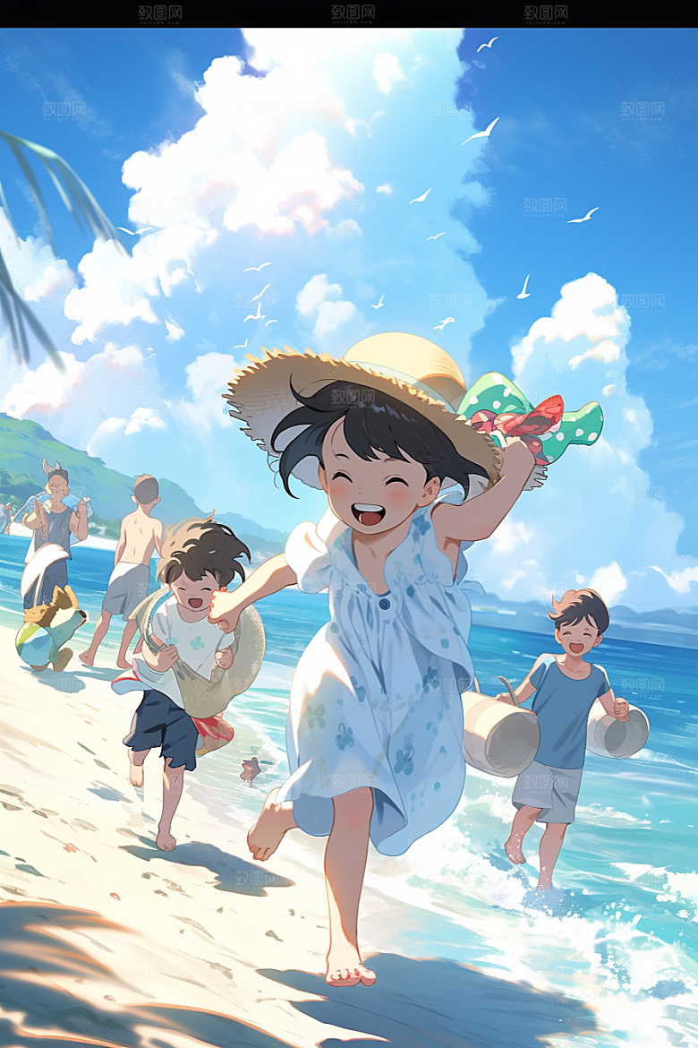 学生放暑假放假了夏天插画