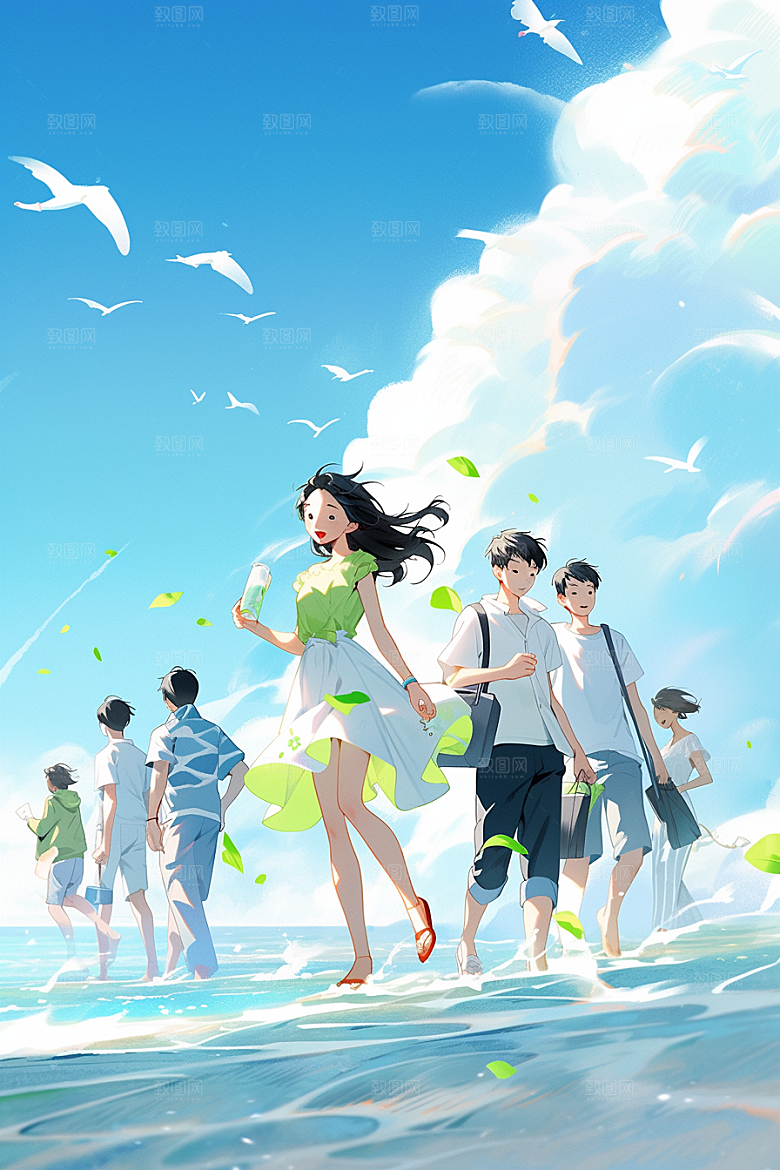 学生放暑假漫画风旅游插画
