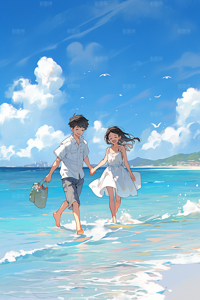学生放暑假漫画风夏季插画