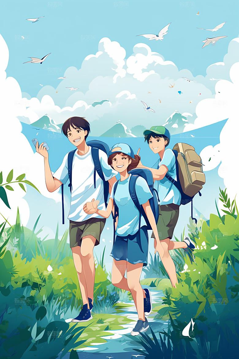 学生放暑假结伴快乐插画