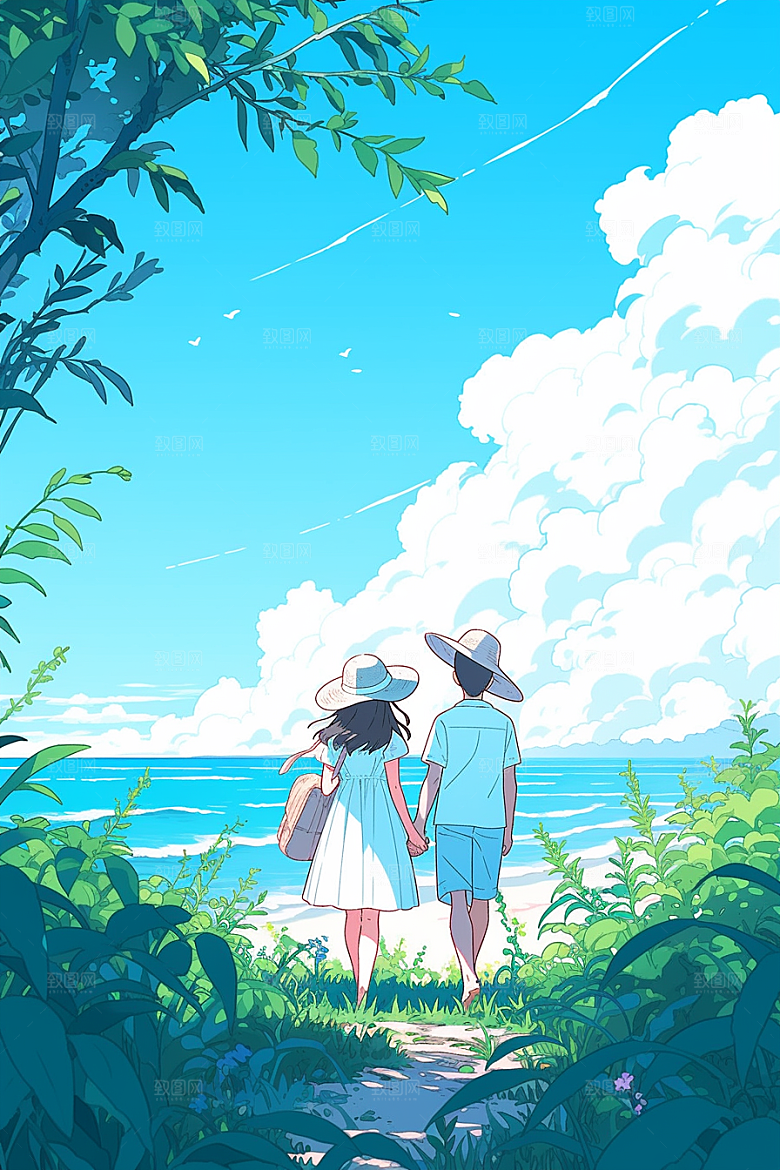 学生放暑假结伴手绘插画