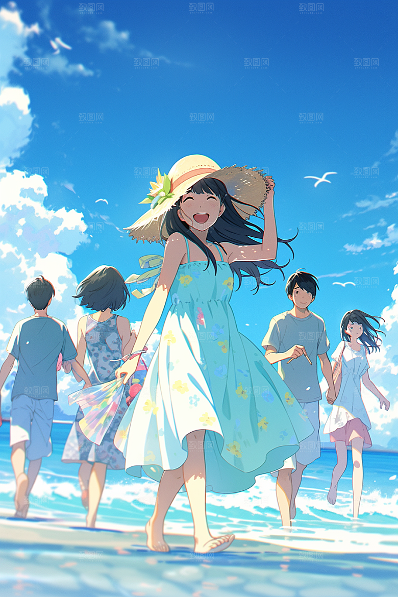 学生放暑假结伴出游插画
