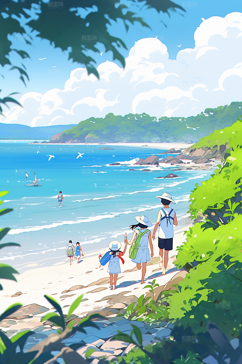 学生放暑假结伴出游插画
