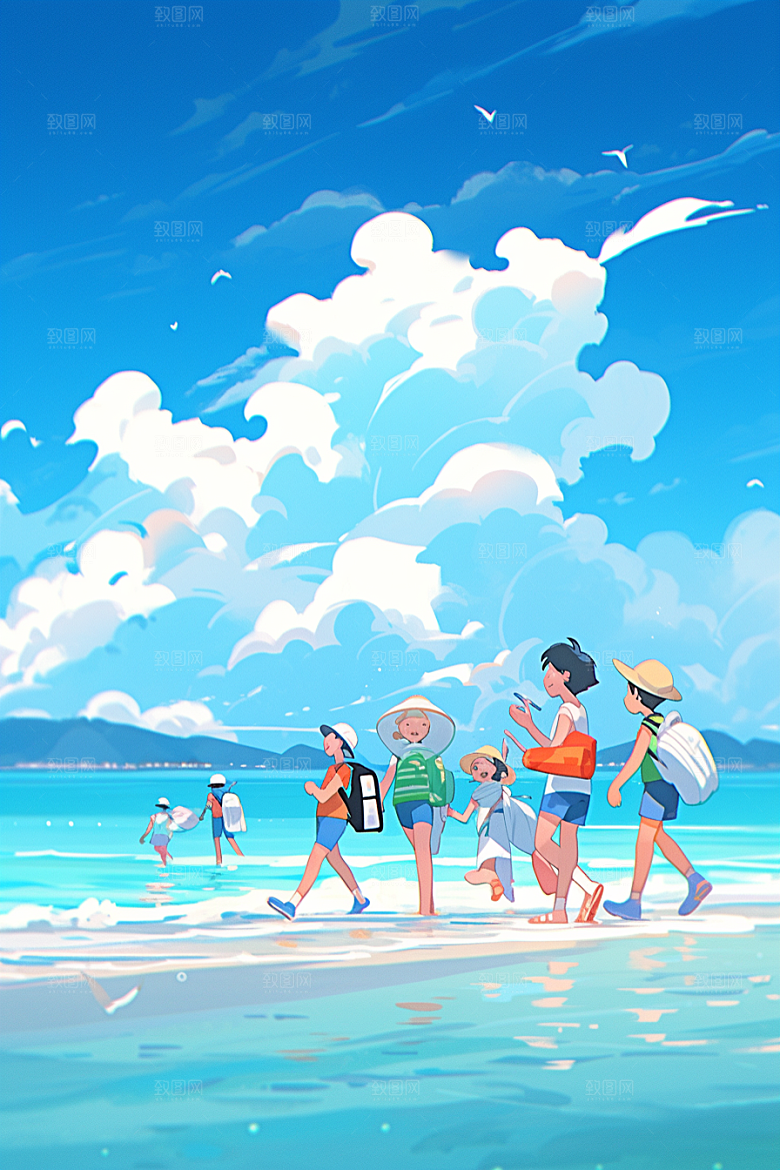 学生放暑假毕业旅游手绘插画