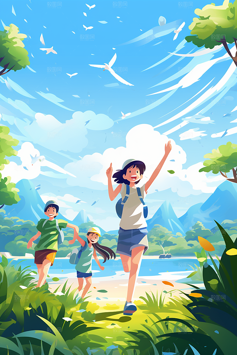 学生放暑假漫画风旅游插画