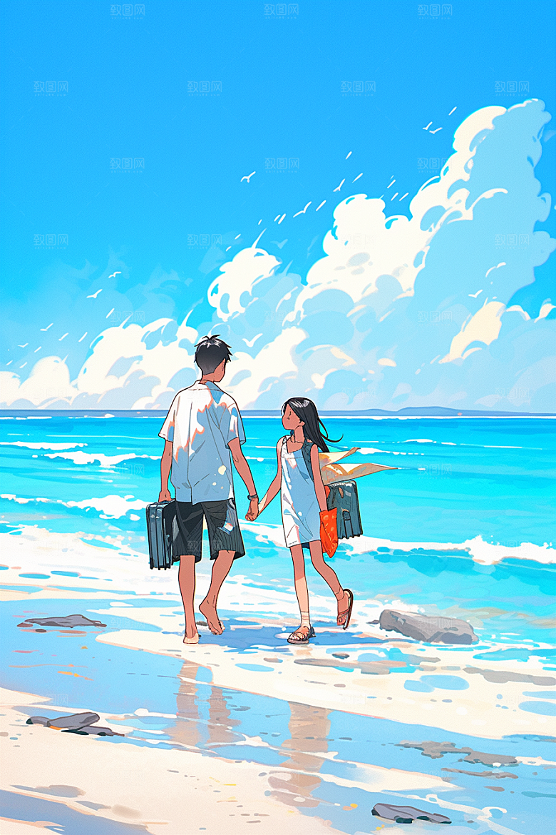 学生放暑假出游快乐插画