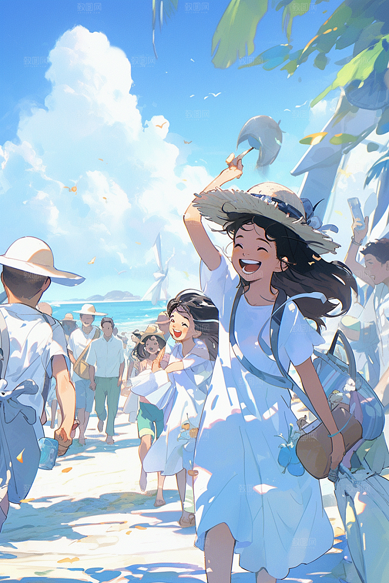 学生放暑假手绘漫画风插画