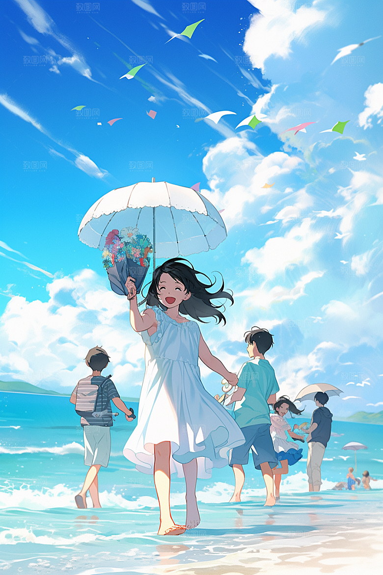 学生放暑假手绘结伴插画
