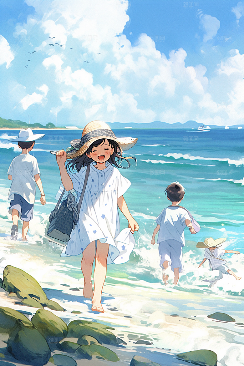 学生放暑假快乐毕业旅游插画