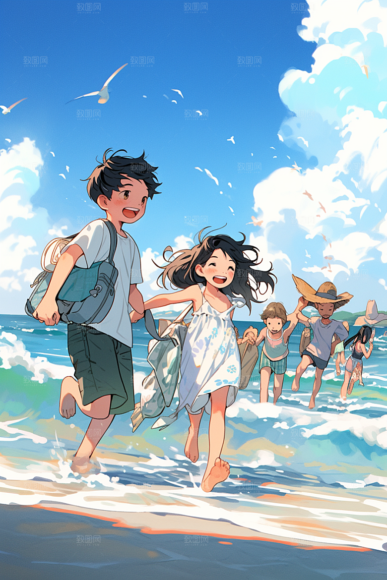 学生放暑假毕业旅游手绘插画