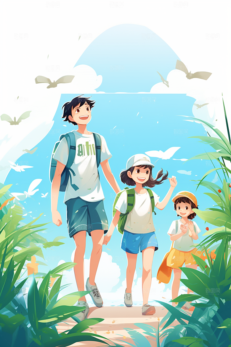 学生放暑假结伴快乐插画