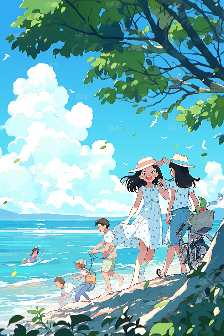 学生放暑假结伴出游插画