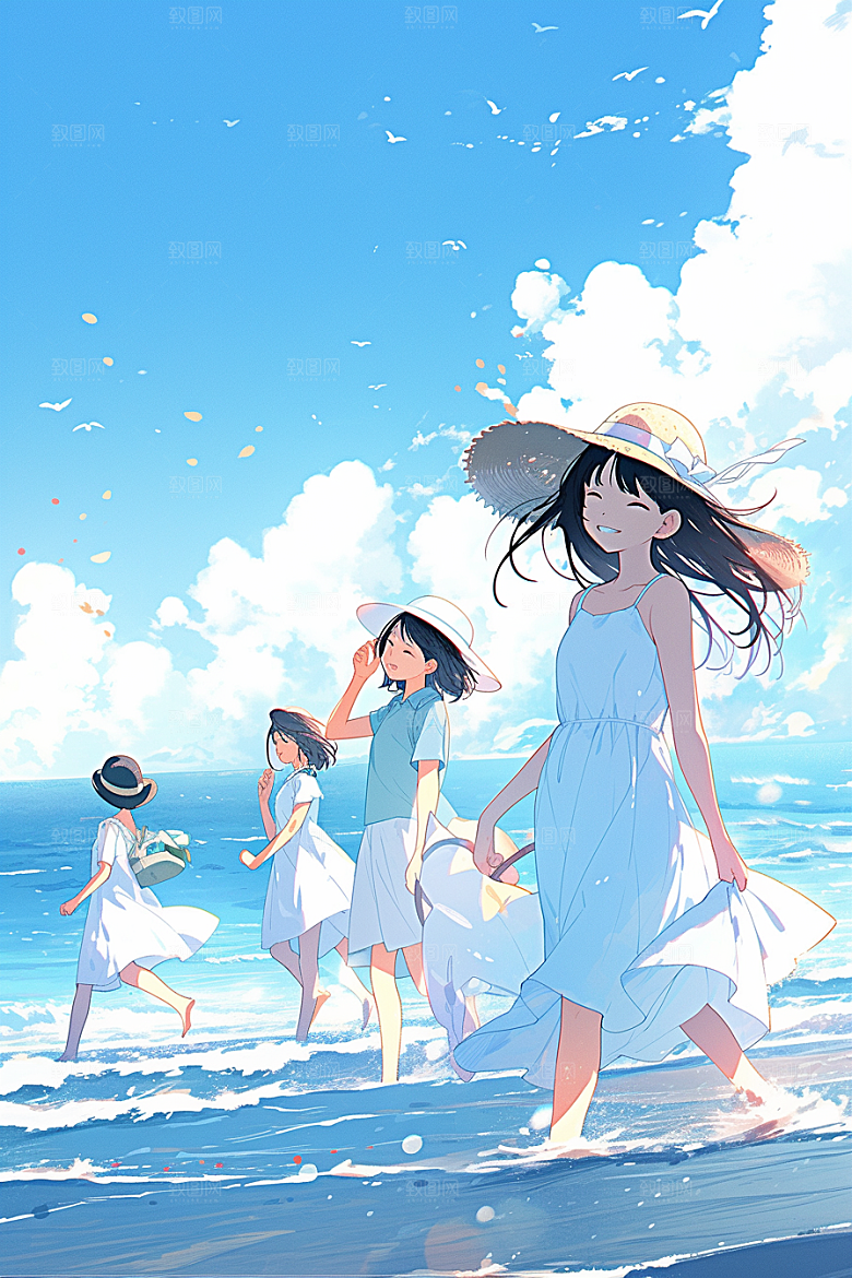 学生放暑假旅游手绘插画