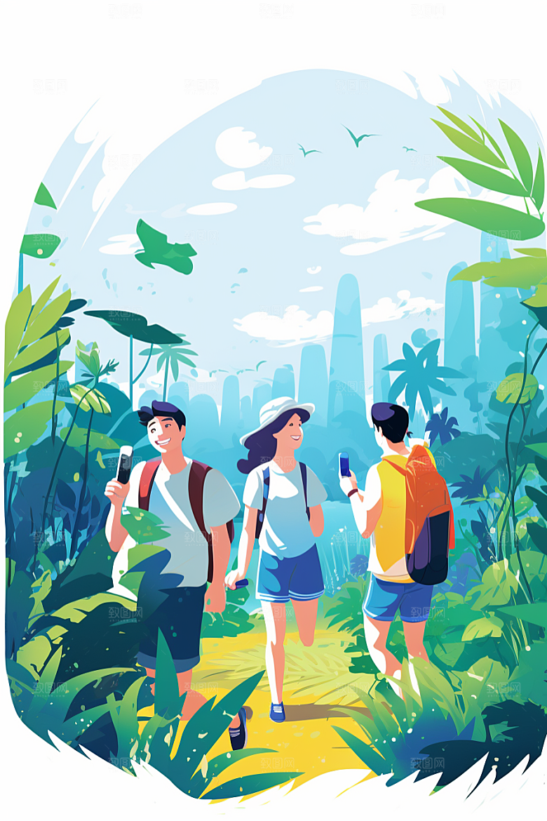学生放暑假结伴夏天插画