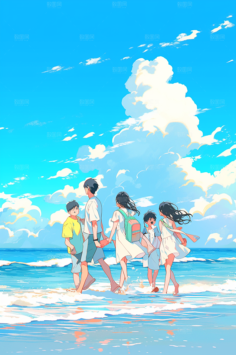 学生放暑假毕业旅游手绘插画