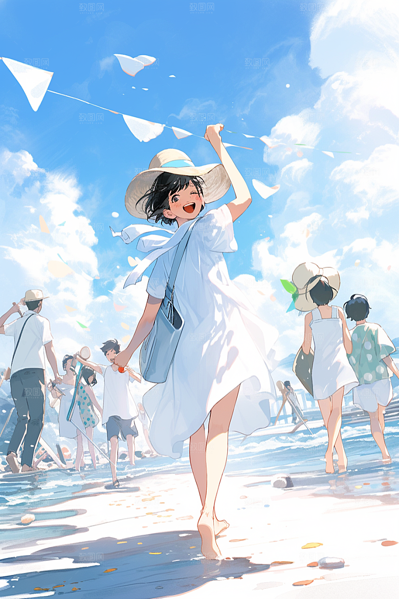 学生放暑假旅游出游插画