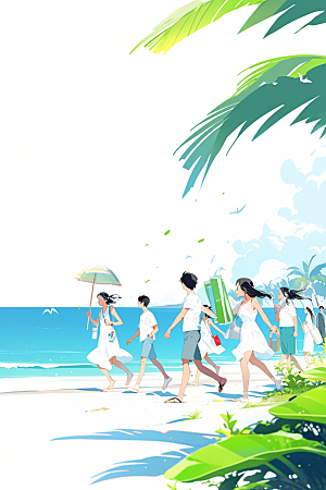 学生放暑假出游结伴插画