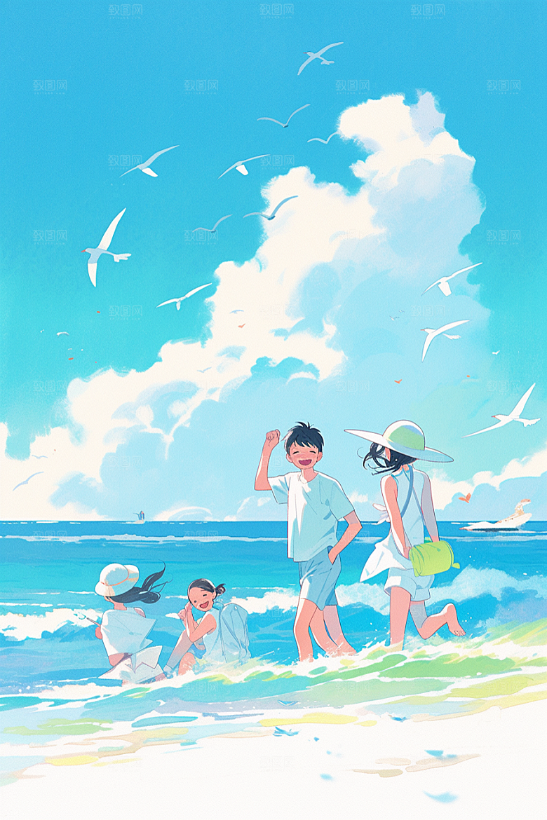 学生放暑假夏天结业插画