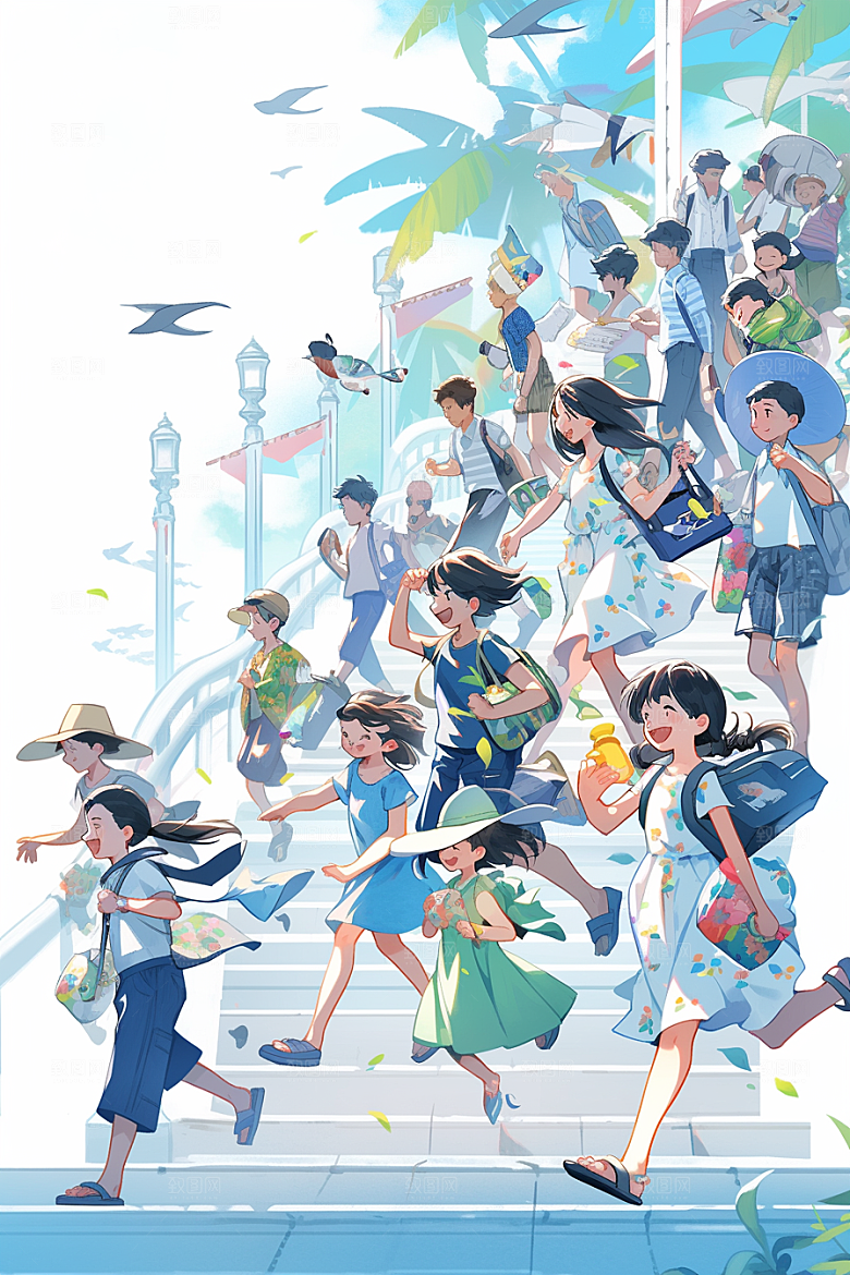 学生放暑假夏天结业插画