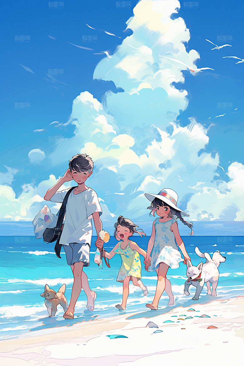 学生放暑假旅游结业插画
