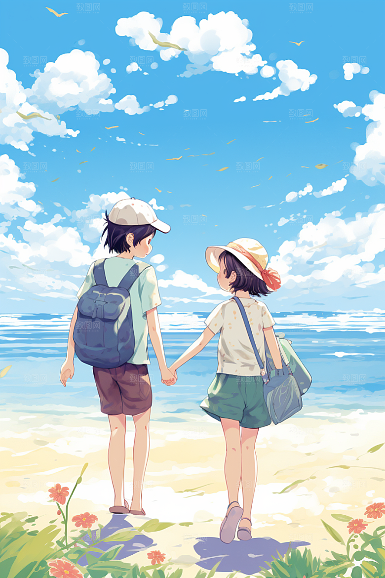 学生放暑假结业夏天插画