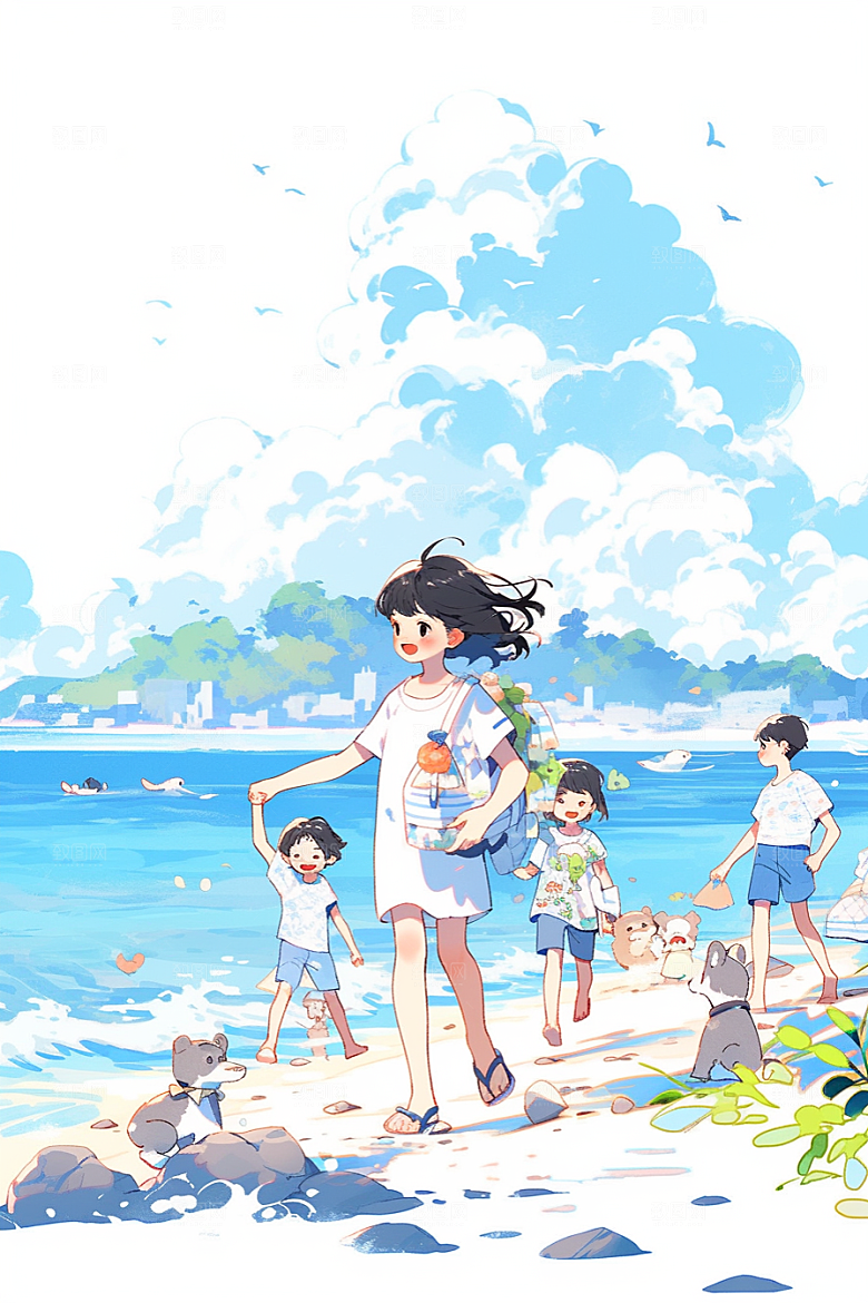学生放暑假放假了毕业旅游插画