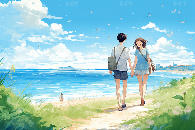学生放暑假结业结伴插画