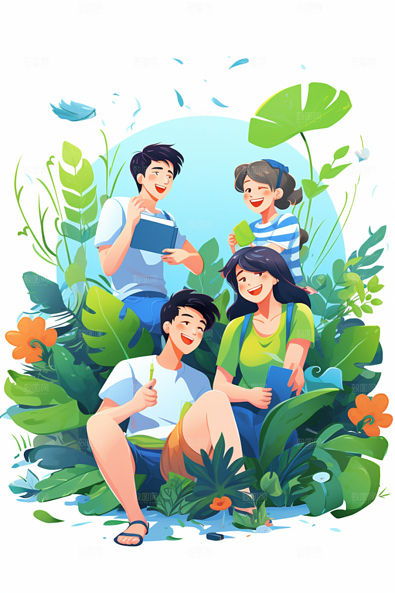 学生放暑假放假了旅游插画