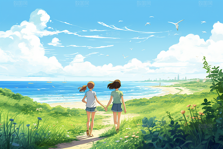 学生放暑假旅游放假了插画