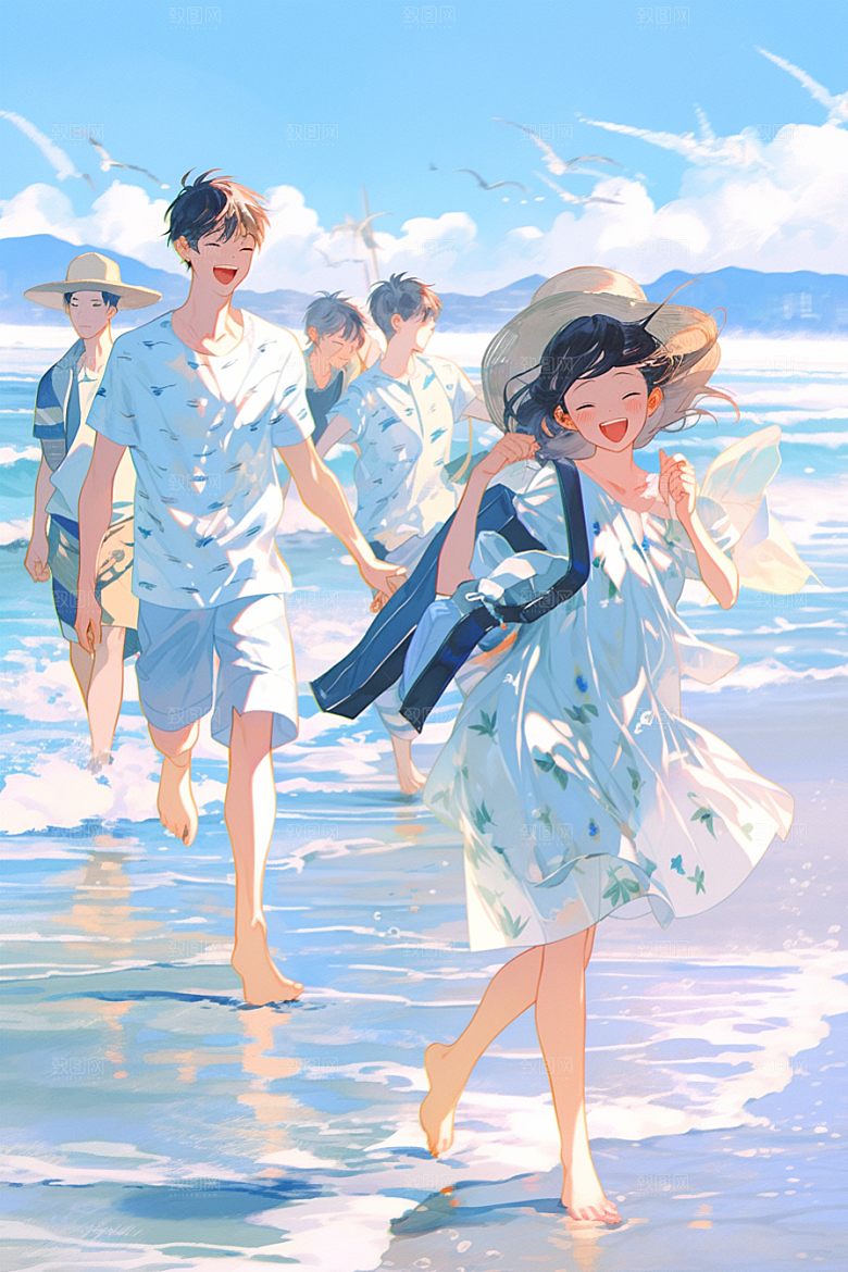 学生放暑假结伴毕业旅游插画